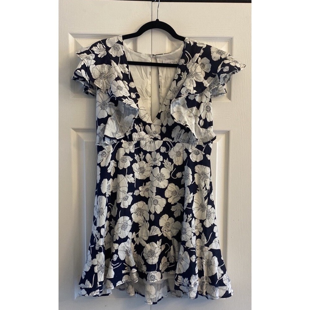 Linen Lux Floral Ruffle Mini Dress Womens Size 12 Navy Blue White‎ Linen Blend